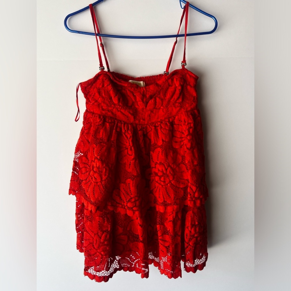 Anthropologie Red Lace Blouse with Floral Pattern Size Small